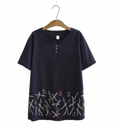 加大码白色红色女式花朵刺绣衬衫短袖夏季衬衫复古上衣